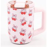 My Balli Store Fiyonklu Kiraz Desenli Kulplu Çelik Termos Mug - Pembe Sızdırmaz Kapaklı Kahve Bardağı 440ML