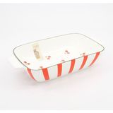 My Balli Store Kiraz Desenli Çizgili Seramik Fırın Kabı - Kulplu Dikdörtgen Borcam & Sunum Tepsisi 33CM