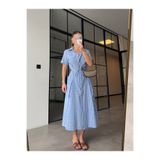 My Blog Mavi %100 Pamuk Bağcık Detaylı Kareli Gömlek Elbise - 8266