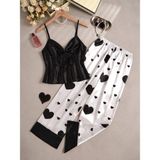 my cherie Kalp Baskılı Yumuşak Saten Pijama Takım - 01-Siyah - L - XL