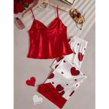 my cherie Kalp Baskılı Yumuşak Saten Pijama Takım - Alev Kırmızı - S - M