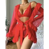 my cherie Puantiye Fırfırlı Tüllü Dantel Kimono Külot Sütyen Takım Seksi Gecelik - Kırmızı - 2XL - 3XL