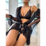 my cherie Puantiye Fırfırlı Tüllü Dantel Kimono Külot Sütyen Takım Seksi Gecelik - Siyah - 4XL