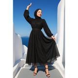 MY DREAM Simli Belden Kuşaklı Siyah Tesettür Abiye Elbise