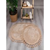 My Evilla Dekoratif Simirna Peluş Oval Ponpon Saçaklı Klozet Takımı Bej Renk Kaymaz Taban 50X80 - 50X40