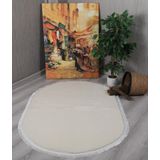 My Evilla Modern Dekoratif Oval Spor Saçaklı Puffy Peluş Halı Yolluk Krem 150 x 200