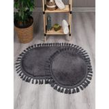 My Evilla Modern Dekoratif Simirna Peluş Oval Ponpon Saçaklı Klozet Takımı 50X80 - 50X40 - Antrasit