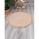 my evilla Modern Dekoratif Yuvarlak Puffy Peluş Ponpon Saçaklı Salon Oturma Odası Halısı Bej 120 x 120