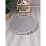 my evilla Modern Dekoratif Yuvarlak Puffy Peluş Ponpon Saçaklı Salon Oturma Odası Halısı Gri 200 x 200