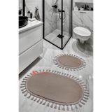 My Evilla Modern Simirna Dekoratif Peluş Oval 60x100-50x60 Ponpon Saçaklı Klozet Takımı Vizon