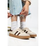 MY GROSS SHOES Kadın Bej Termo Taban Yanı Şeritli Bağcıklı Spor Ayakkabı