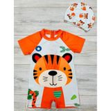 My Kids Wear Çizgi Film Desenli Fermuarlı Boneli Erkek Çocuk Mayo Takımı Turuncu