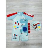 My Kids Wear Dino Temalı Erkek Çocuk Mayo Takımı 2-8 Yaş Sevimli Desenli Bone ile - 7 - 8 Yaş - Açık Mavi