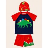 My Kids Wear Erkek Çocuk Dinozor Desenli Deniz Şortu Takımı – 3 Parça Mayo Seti 12757 - Siyah - Kırmızı - 9 - 10 Yaş