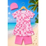 My Kids Wear Kız Çocuk Desenli Şortlu Bone’li Mayo Takımı 12874 - 6 - 7 Yaş - Beyaz - Açık Pembe
