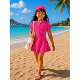 My Kids Wear Kız Çocuk Kısa Kollu Fermuarlı Mayo Uv Korumalı Deniz ve Havuz Mayosu 12850 - 13 - 14 Yaş - Neon Pembe