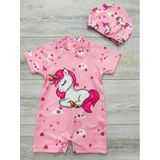 My Kids Wear Kız Çocuk Tam Vücut Sırt Fermuarlı Mayo Sevimli Desen Baskılı Boneli Takım Pembe