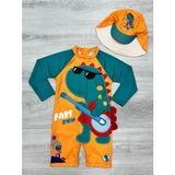 My Kids Wear Şapkalı Uzun Kollu Mayo Erkek Çocuklar İçin Desenli Hızlı Kuruyan Polyester - Turuncu - 2 - 3 Yaş