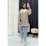 My Look Dik Yaka Fermuarlı Çizgili Sweatshirt - Kahverengi - S - M
