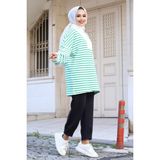 My Look Dik Yaka Fermuarlı Çizgili Sweatshirt - Yeşil - S - M