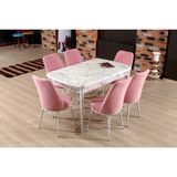 My Massa Mymassa - Elit Trend Carrara Mutfak Masası + 6 Gold Sandalye Takımı - Beyaz Metal Ayak - Pembe - Pudra