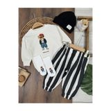 my petit panda Hiphop Style Şapkalı Ayı Teddy Baskılı Oversize Sweatshirt ve Çorap Çizgili Pantolon 4lü Mevsimlik Erkek Bebek Takım
