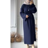 MY QILAM Tesettür Uzun Triko Elbise Yarasa Kol Kuşaklı Standart Beden (36-44) 132 cm Lacivert