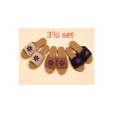 MY STİL MODA 3'lü Set Kadın Hasır Terlik Bej Örgü Dantel Triko Nakış İşlemeli Şık Yeni Sezon Yazlık Ev Plaj Tatil Terliği