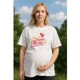 MYADA Hamile Tişörtü Kadın Super Mom Baskılı Kısa Kollu Rahat Kesim Beyaz Tshirt 10098
