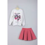 Myada Hello December Baskılı Sweatshirt Ekose Kareli Etek Takım 22204 - 11 - 12 Yaş - Kırmızı