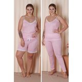 MyBen Büyük Beden Pembe Renkli Çizgili Dantel Detaylı Şortlu Ve Taytlı Pijama Takımı 3'lü Set B-3'
