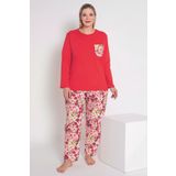 MyBen Kadın Kırmızı Renkli Çiçek Desenli Uzun Kollu Pijama Takımı B-48
