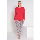 MyBen Kadın Kırmızı Renkli Çilek Desenli Uzun Kollu Pijama Takımı B-45