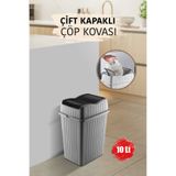 MYBOX 10 L - Çift Kapaklı Slim Çöp Kovası - Dekoratif Ev Ofis Banyo & Mutfak Düzenleyici Çöp Kutusu Gri