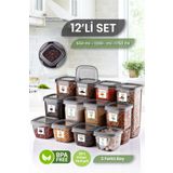 MYBOX 12'li Set Etiketli Kare Erzak Saklama Kabı - Bakliyat Saklama Kutusu Baharatlık 550-1200-1750 ml