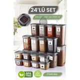 MYBOX 24'lü Set Etiketli Kare Erzak Saklama Kabı - Bakliyat Saklama Kutusu Baharatlık 8x(550-1200-1750 ML)