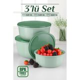 Mybox 3'lü Pello Yuvarlak Saklama Kabı Seti - Mikrodalga ve Difriz Uyumlu Düzenleyici Badya 1,5-2,5-4 L - Mint