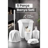 Mybox 5 Parça Vanity Klik Kapaklı Banyo Seti - Dekoratif Çöp Kovası Diş Fırçalık Sabunluk Fırça Seti - Beyaz