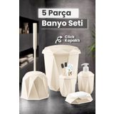 MYBOX 5 Parça Vanity Klik Kapaklı Banyo Seti - Dekoratif Çöp Kovası Diş Fırçalık Sabunluk Fırça Seti