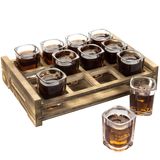 MyGift Shot Bardağı Servis Seti 12 Kare Shot Bardağı ve Yanık Kahverengi Ahşap Oluklu Servis Tepsisi İçerir