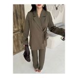 MYGİYİMİSTANBUL Blazer Ceket Bol Paça Pantolon Takım Beline bağlanmış geniş bir kumaş kemerle