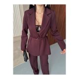 MYGİYİMİSTANBUL Blazer Ceket Bol Paça Pantolon Takım ve renkten ince bir kemerle bele bağlanan,