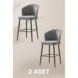MYMASSA Rubi Bar Sandalye - Gri Keten Kumaş - Metal Siyah Ayak - Bar Taburesi / Bar Sandalyesi (2 ADET)