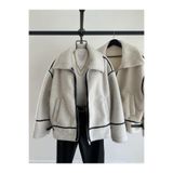 mypagebutik Doly Siyah Şeritli Beyaz Peluş Ceket