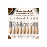 Myplas 9 Parça Ahşap Saplı Premium Mutfak Seti Paslanmaz Çelik Rende Çırpıcı Soyacak Pizza Kesici Süzgeç Açacak Seti