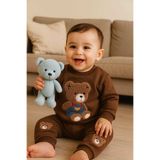 MyPrettyBaby OTURAN AYICIK SÜZENE NAKIŞLI KIŞLIK ŞARDONLU 3 İP KUMAŞ ERKEK BEBEK ALT ÜST 2'Lİ TAKIM