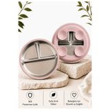 Myra Shop 304 Paslanmaz Çelik, Vakumlu Bebek Tabak, 3 Bölmeli Mama Tabağı, Pembe