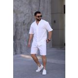 MYRAB DENİM Beyaz Renk Gömlek Şort Erkek Keten Takım Oversize Kalıp L