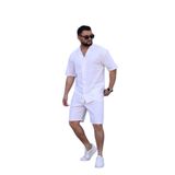 MYRAB DENİM Beyaz Renk Gömlek Şort Erkek Keten Takım Oversize Kalıp M