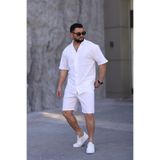 MYRAB DENİM Beyaz Renk Gömlek Şort Erkek Keten Takım Oversize Kalıp